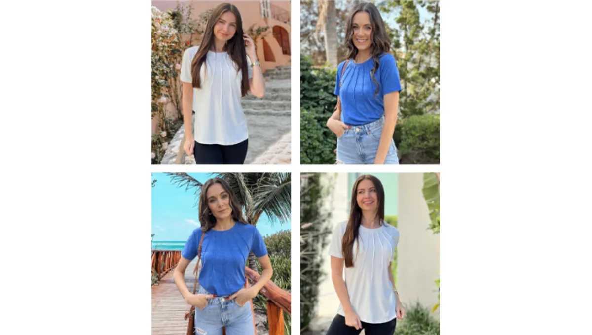 Kistore Women's Casual Crew Neck Short Sleeve Pleated Tops