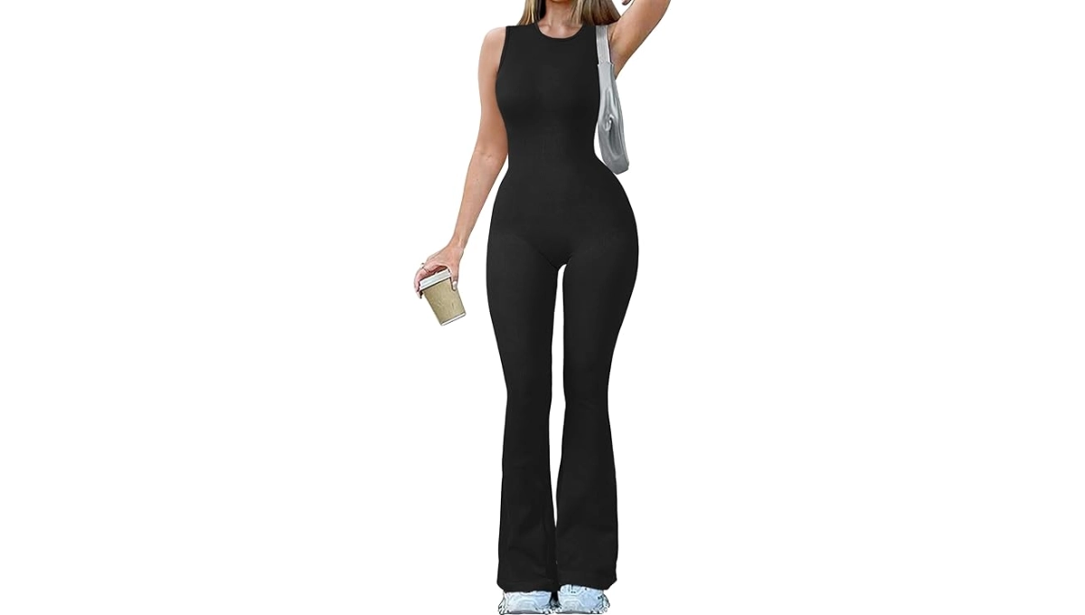 OQQ Ribbed Flare Jumpsuit