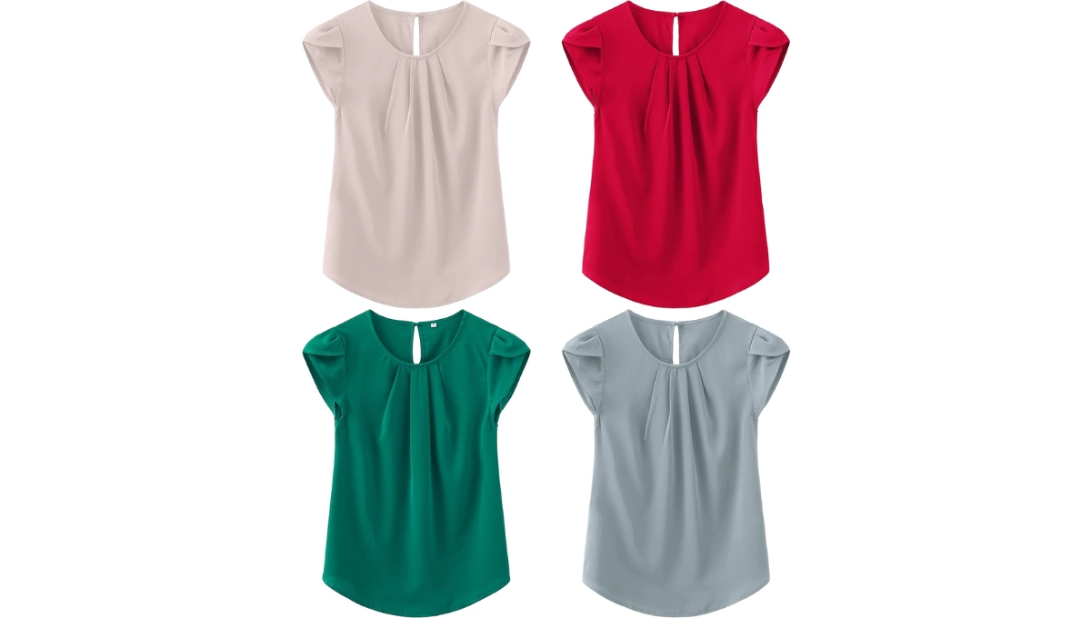 TASAMO Women's Casual Round Neck Pleated Chiffon Top