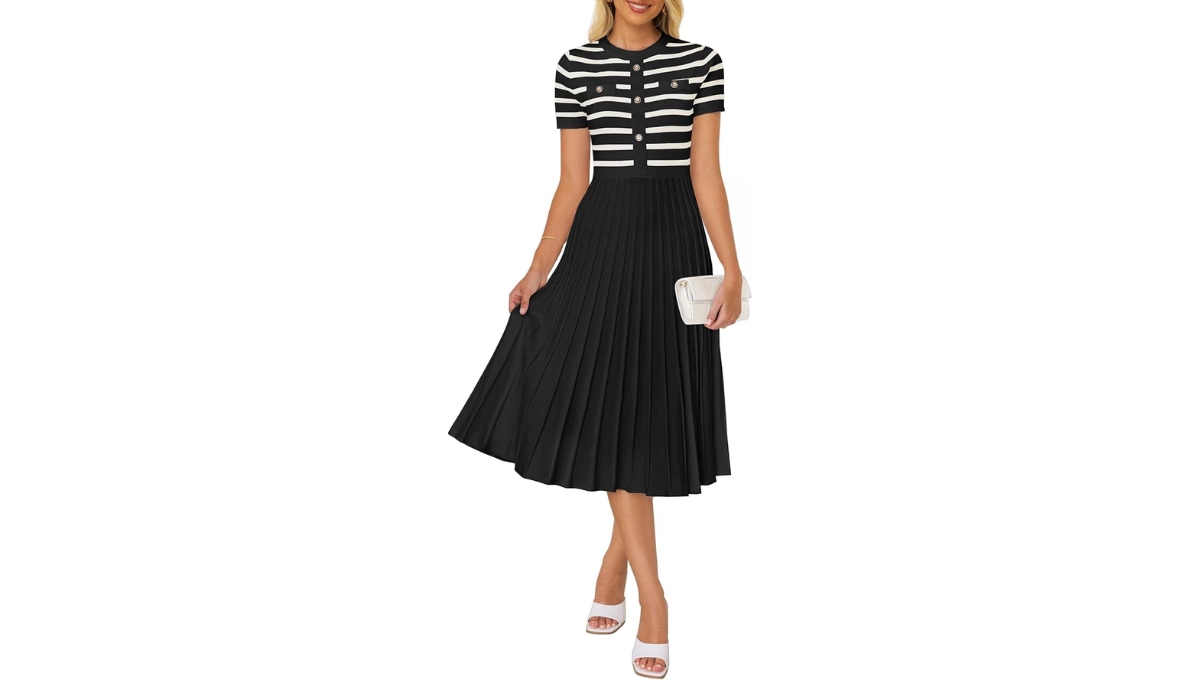 ZESICA Women's 2025 Casual Striped Midi Dress