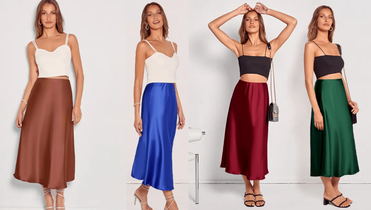 BTFBM Women's Satin A-Line Midi Skirt