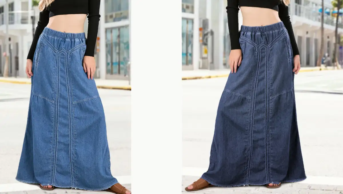 Ebossy Women's Casual Elastic Waist Frayed Hem A-Line Denim Skirt