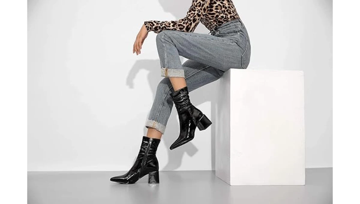 Vivianly Pointed Toe Mid-Calf Chunky Booties