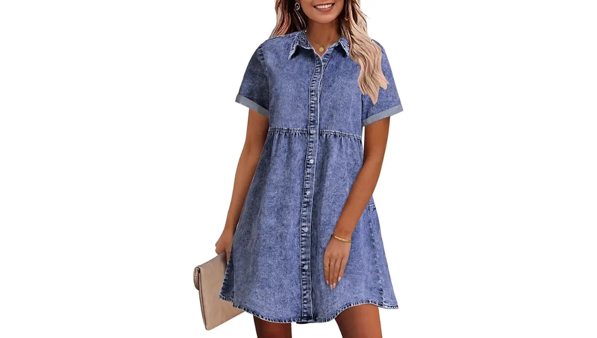 GRAPENT Denim Babydoll Shirt-Dress