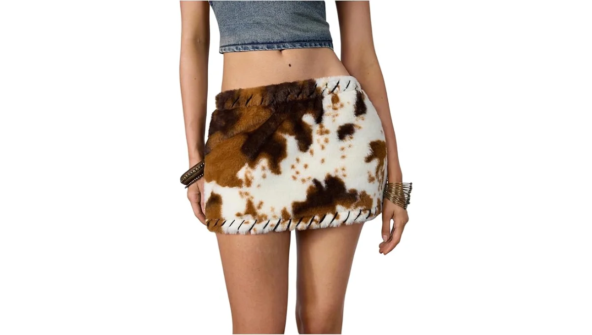 MakeMeChic Women's Cow Print Fuzzy Mini Skirt