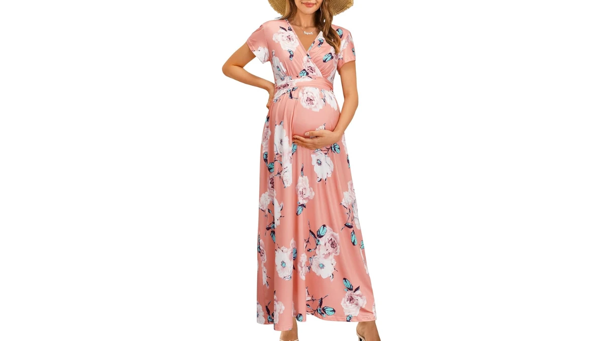 OUGES Maternity Maxi Dress Wrap V Neck