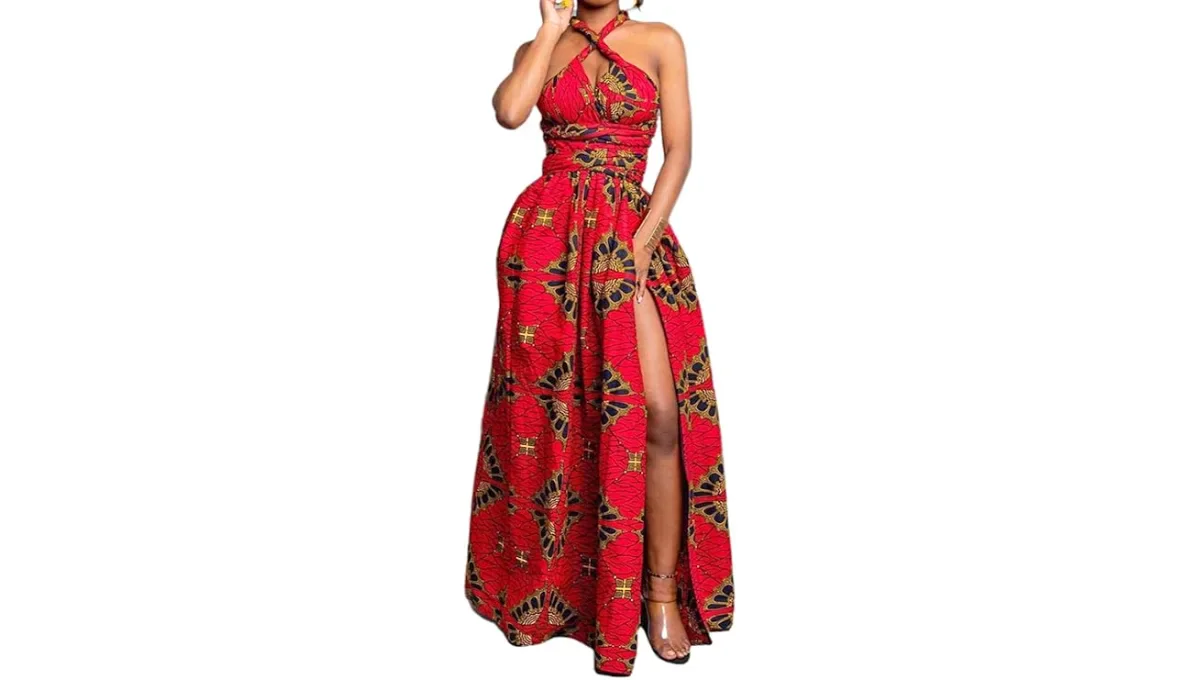 Giovacker Deep V-Neck African Print Maxi Dress