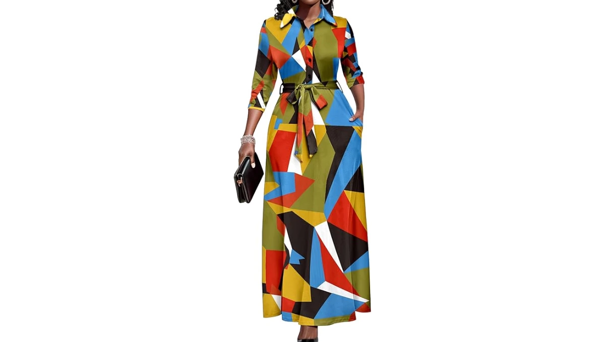 Runwind Women’s Button-Down African Print Maxi Dress
